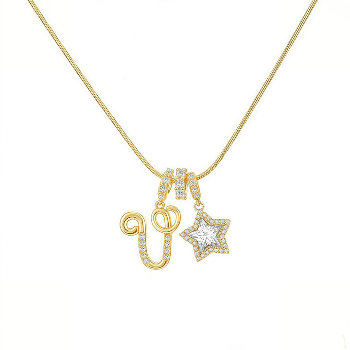 Script Initial Pave Star Dual Charm Snake Chain Necklace, Gold & Silver Custom Letter Choker