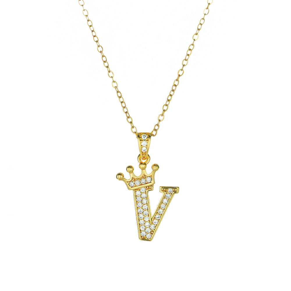 Crown Paved Diamond Initial Letter Necklace, 14K Gold Plated Personalized Dainty Chain, A-Z Available