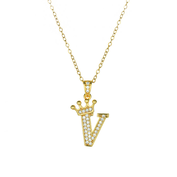 Crown Paved Diamond Initial Letter Necklace, 14K Gold Plated Personalized Dainty Chain, A-Z Available