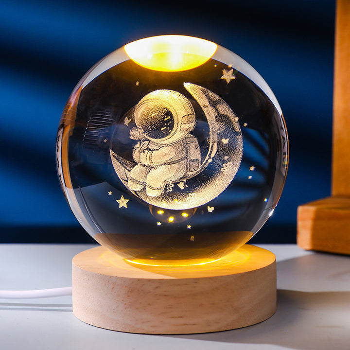 3D Laser Engraved Glowing Crystal Ball Ornament, Multi-Pattern Solid Wood Warm LED Base Night Light Gift