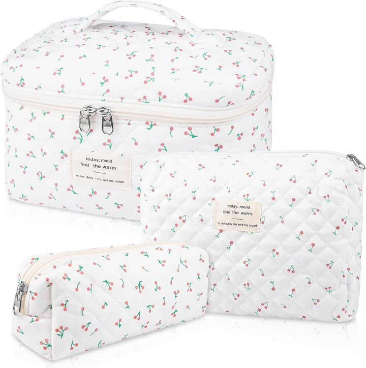 Floral Quilted 3-Piece Makeup Bag Set, Large Capacity Handheld Cosmetic Bag Portable Storage Pouch & Pencil Case Kit