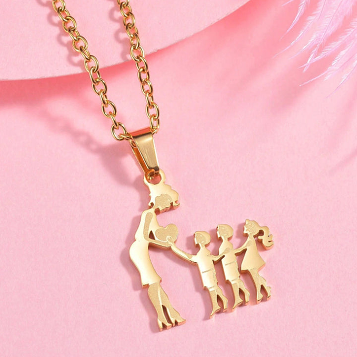 Mother & Kids Silhouette Pendant Necklace, 316L Titanium Steel Silver Plated Family Keepsake Necklace, Multiple Figures, Gold & Silver Family Jewelry