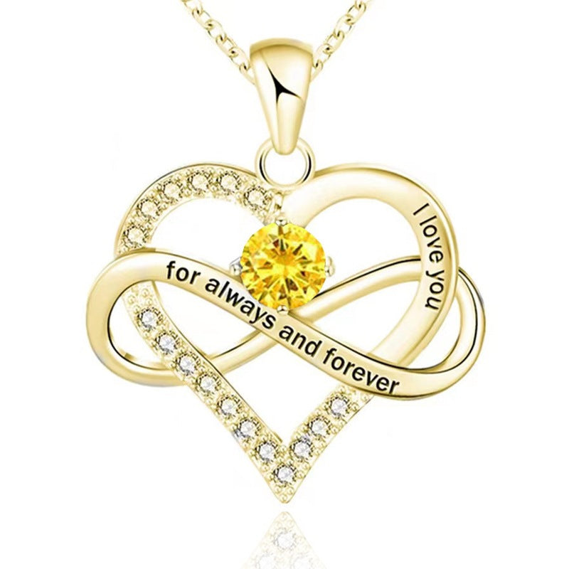 Infinity Intertwined Heart Engraved Birthstone Necklace, Eternal Love Heart Pendant Clavicle Chain with Birthstone