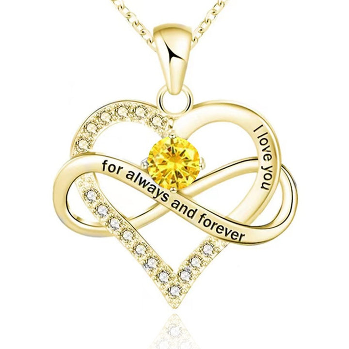 Infinity Intertwined Heart Engraved Birthstone Necklace, Eternal Love Heart Pendant Clavicle Chain with Birthstone
