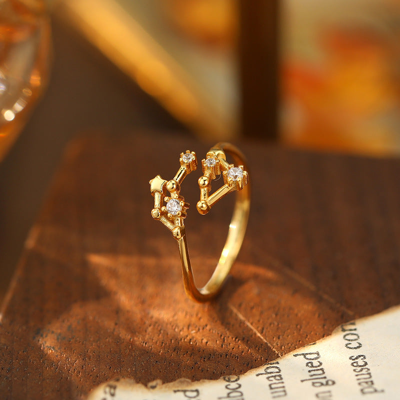 925 Silver Diamond-Inlaid 12 Constellations Open Adjustable Ring (Unisex Luxury Personalized Style)