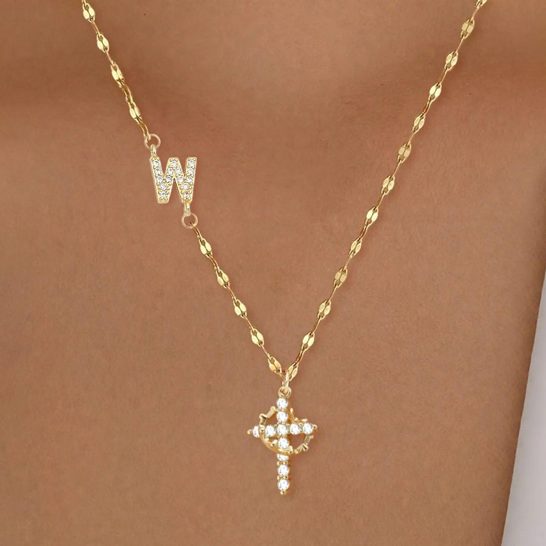 Diamond Initial & Cross Double Pendant Necklace (26 Letters Gold Tone Lip Chain)