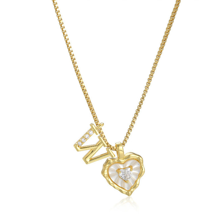 White Shell Heart Initial Necklace, Wavy Edge Mother of Pearl Pendant with Heart Diamond, Custom 26 Letters Gold Box Chain