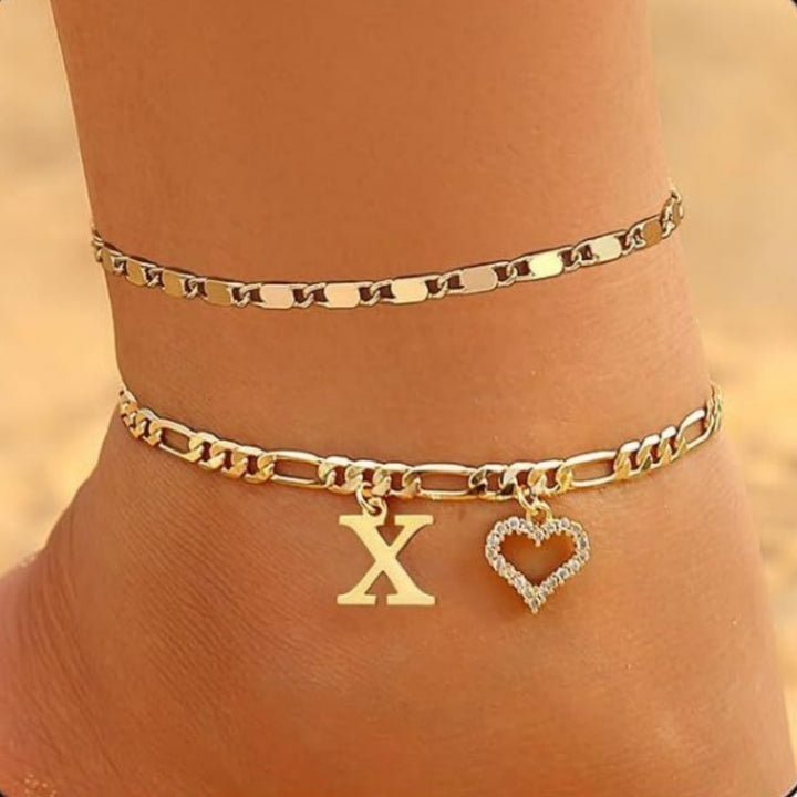 Double Layer Initial & Heart diamond Anklet (Gold Personalized Foot Jewelry)