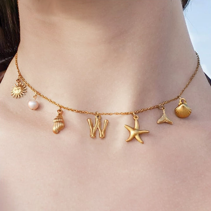 Ocean Vacation Multi-Charm Initial Choker, Starfish Shell Mermaid Tail Sun Pearl Custom Letter Thin Necklace for Women