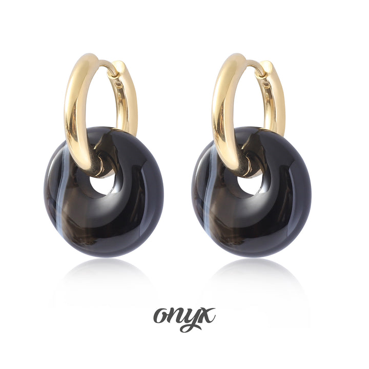 Multi-Color Natural Stone Donut S925 Silver Hoop Earrings, Gold Interlocking Geometric Huggie Earrings, Minimalist Dangle Earrings for Women, 9 Stone Options
