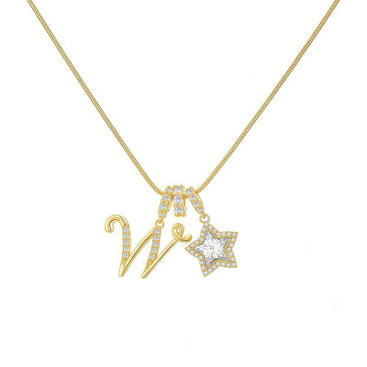 Script Initial Pave Star Dual Charm Snake Chain Necklace, Gold & Silver Custom Letter Choker