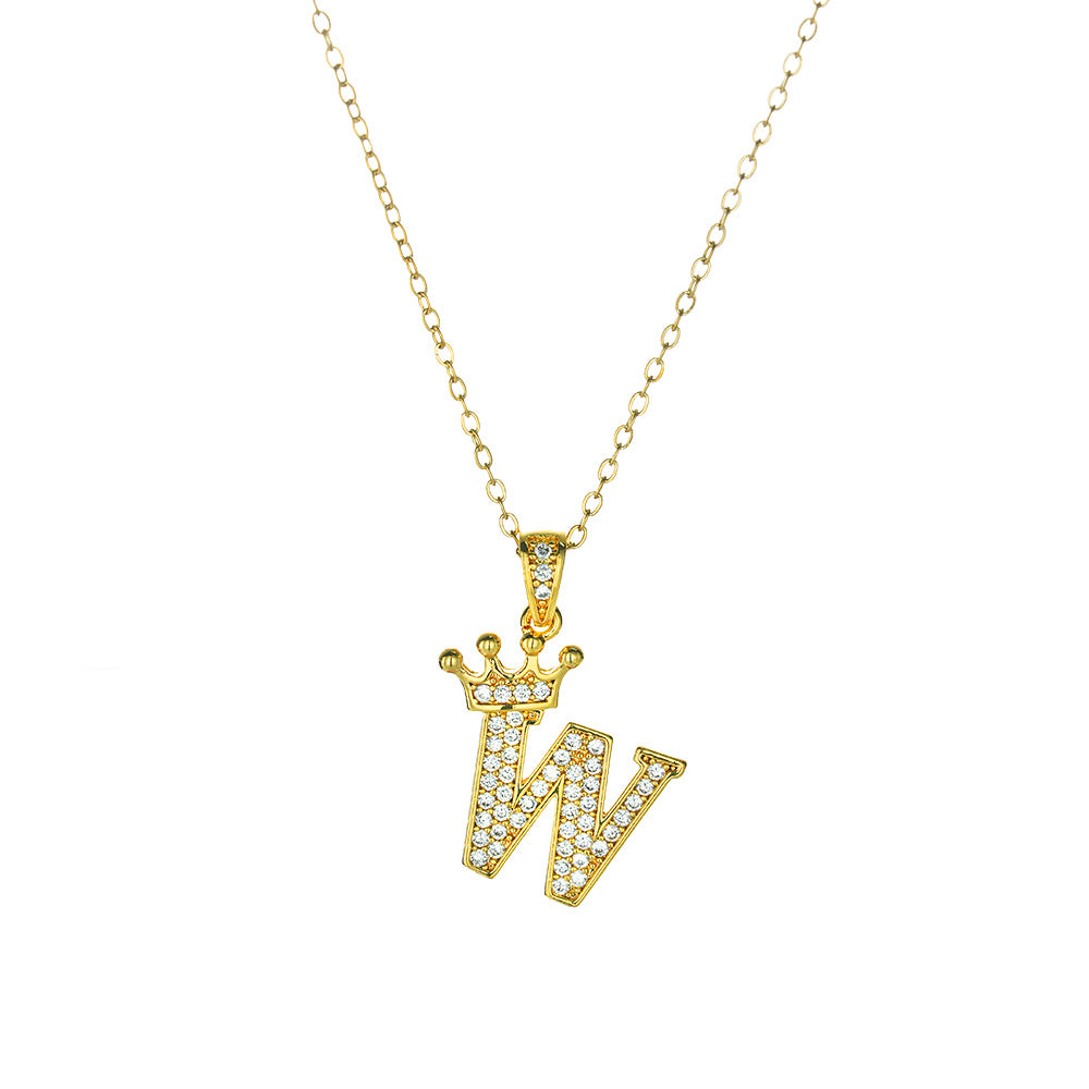 Crown Paved Diamond Initial Letter Necklace, 14K Gold Plated Personalized Dainty Chain, A-Z Available