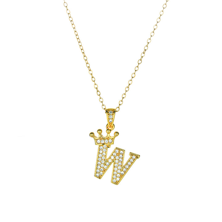 Crown Paved Diamond Initial Letter Necklace, 14K Gold Plated Personalized Dainty Chain, A-Z Available