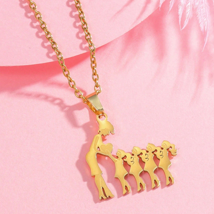 Mother & Kids Silhouette Pendant Necklace, 316L Titanium Steel Silver Plated Family Keepsake Necklace, Multiple Figures, Gold & Silver Family Jewelry