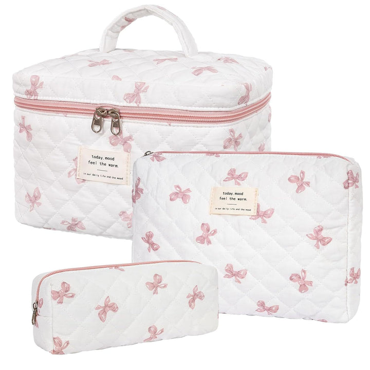 Floral Quilted 3-Piece Makeup Bag Set, Large Capacity Handheld Cosmetic Bag Portable Storage Pouch & Pencil Case Kit