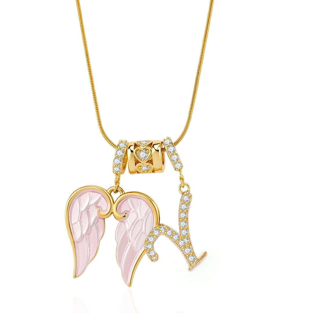 Pink Enamel Angel Wing Initial Necklace, Custom 26 Letters Gold Plated Diamond Pendant