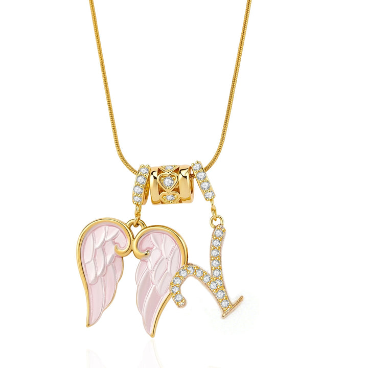 Pink Enamel Angel Wing Initial Necklace, Custom 26 Letters Gold Plated Diamond Pendant
