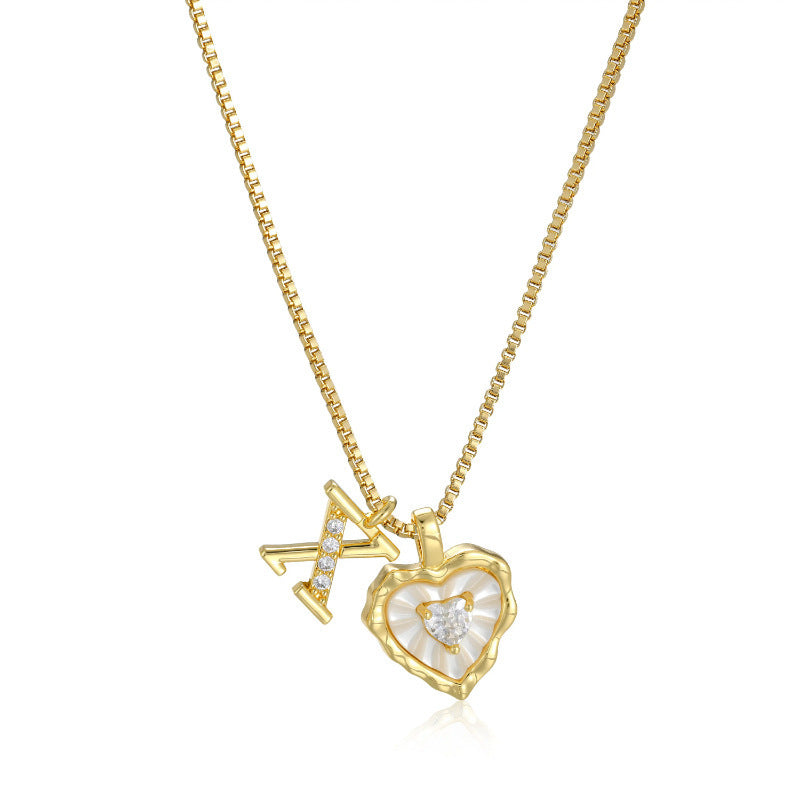 White Shell Heart Initial Necklace, Wavy Edge Mother of Pearl Pendant with Heart Diamond, Custom 26 Letters Gold Box Chain