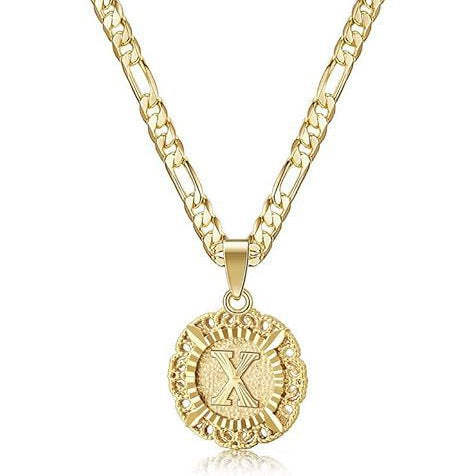 Vintage Lace Round 26 Letter Figaro Necklace, 14K Gold Plated Personal Initial Pendant Clavicle Chain