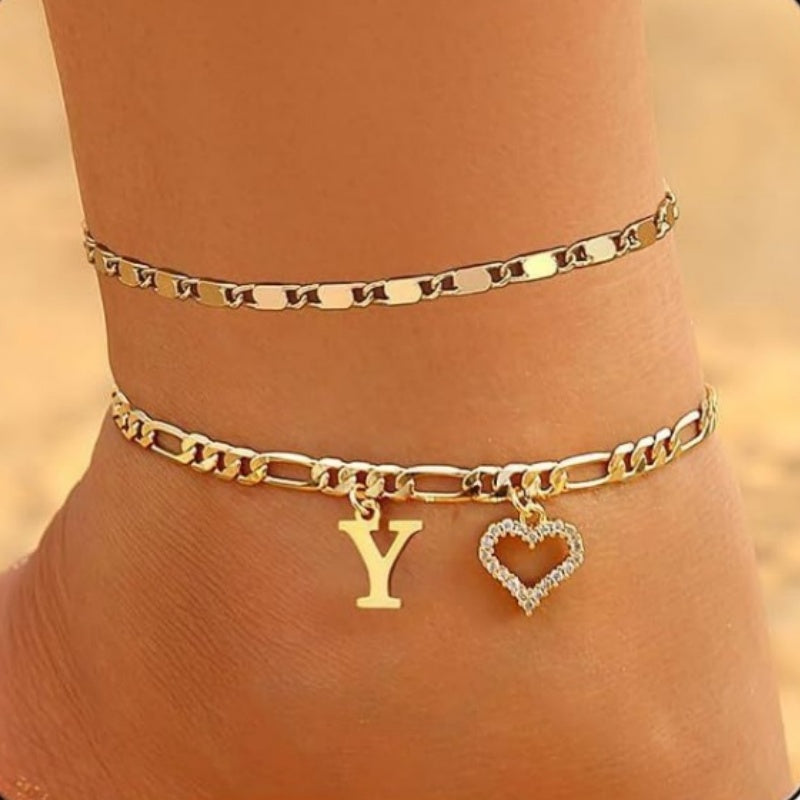 Double Layer Initial & Heart diamond Anklet (Gold Personalized Foot Jewelry)