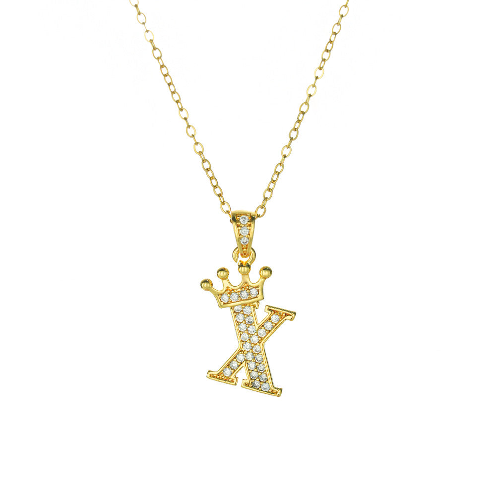 Crown Paved Diamond Initial Letter Necklace, 14K Gold Plated Personalized Dainty Chain, A-Z Available