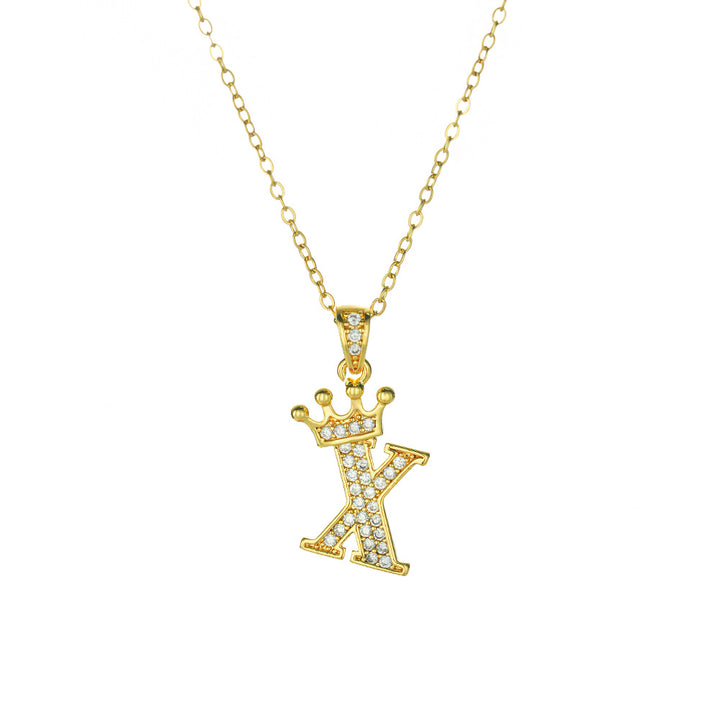 Crown Paved Diamond Initial Letter Necklace, 14K Gold Plated Personalized Dainty Chain, A-Z Available