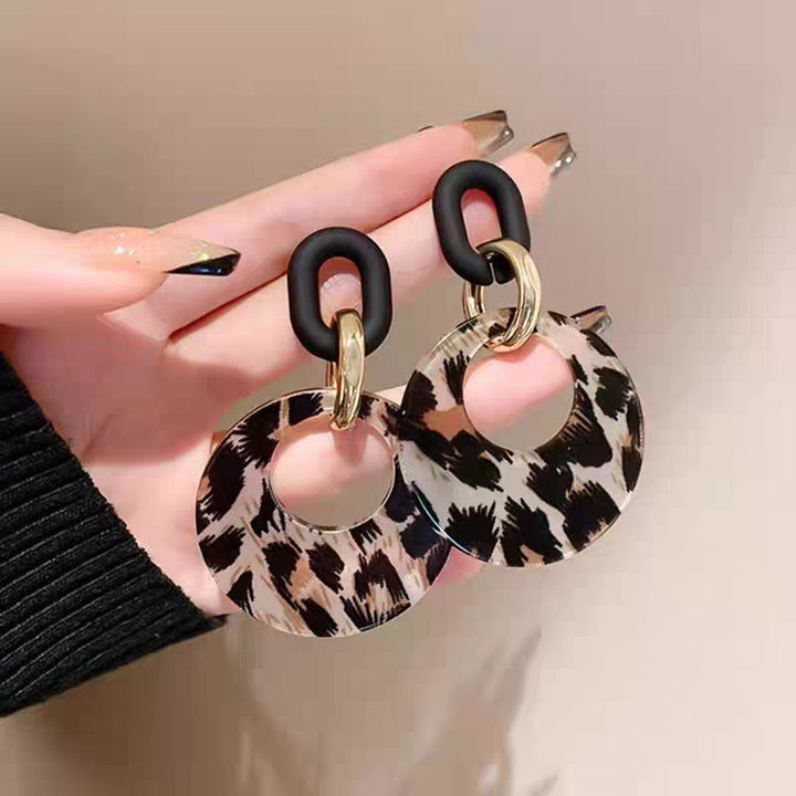 S925 Silver Leopard‑Print Hollow Circle Link Drop Earrings, Retro Contrast‑Color Dangle Earrings for Women