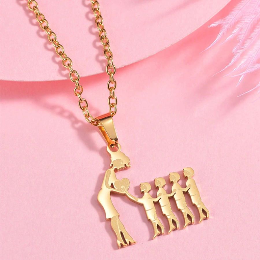 Mother & Kids Silhouette Pendant Necklace, 316L Titanium Steel Silver Plated Family Keepsake Necklace, Multiple Figures, Gold & Silver Family Jewelry