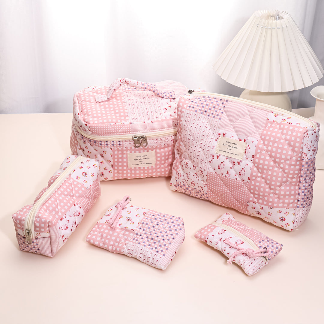 Floral Quilted 3-Piece Makeup Bag Set, Large Capacity Handheld Cosmetic Bag Portable Storage Pouch & Pencil Case Kit