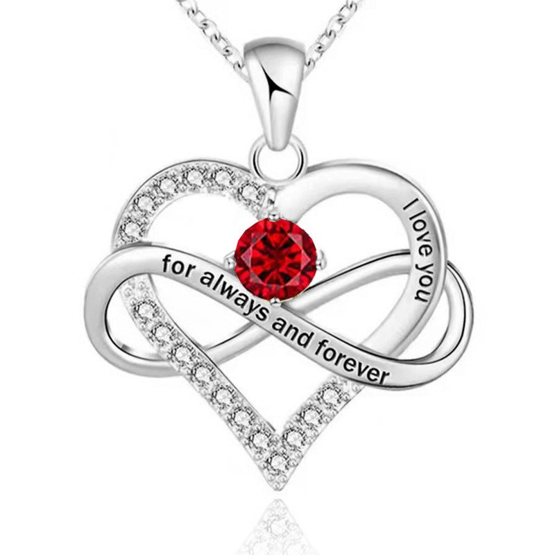 Infinity Intertwined Heart Engraved Birthstone Necklace, Eternal Love Heart Pendant Clavicle Chain with Birthstone