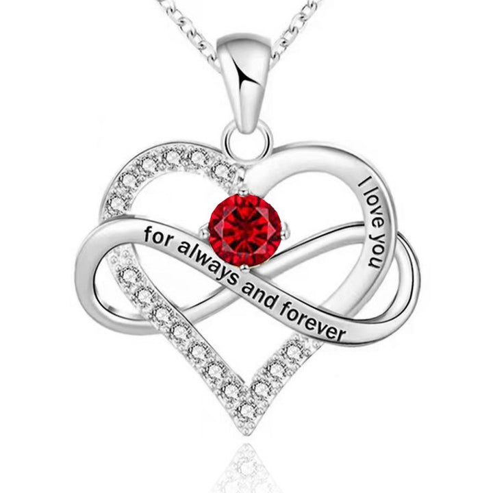 Infinity Intertwined Heart Engraved Birthstone Necklace, Eternal Love Heart Pendant Clavicle Chain with Birthstone