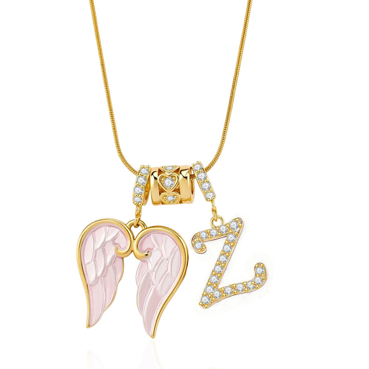 Pink Enamel Angel Wing Initial Necklace, Custom 26 Letters Gold Plated Diamond Pendant