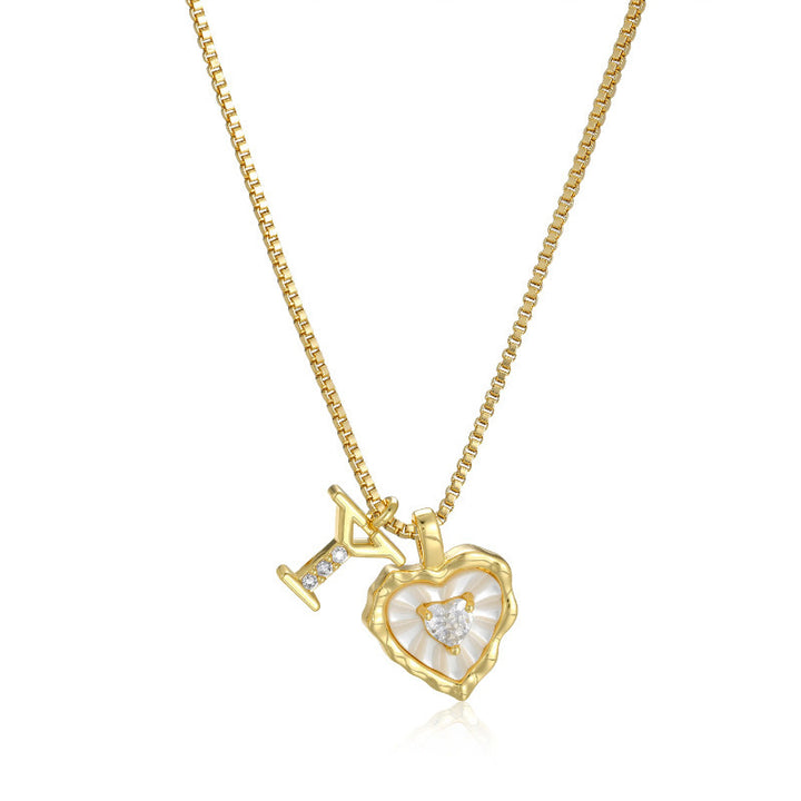 White Shell Heart Initial Necklace, Wavy Edge Mother of Pearl Pendant with Heart Diamond, Custom 26 Letters Gold Box Chain