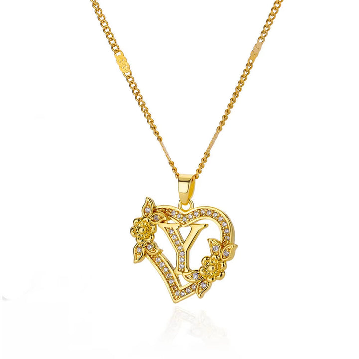 Vintage Flower Heart Pave Crystal Letter Necklace, 316L Stainless Steel 14K Gold Plated Luxury A-Z Initial Pendant Clavicle Chain Niche Jewelry
