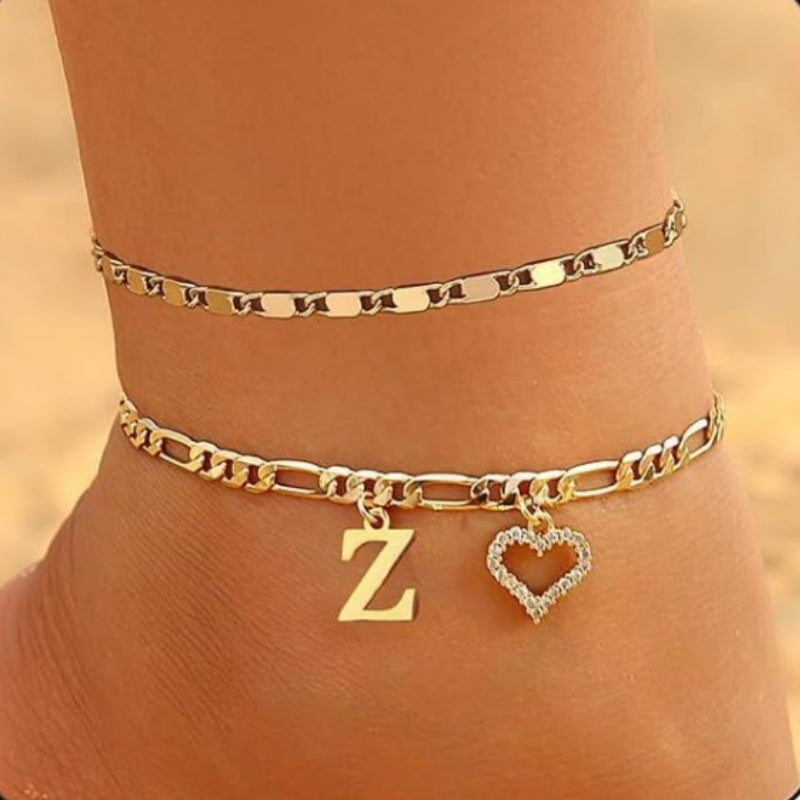 Double Layer Initial & Heart diamond Anklet (Gold Personalized Foot Jewelry)