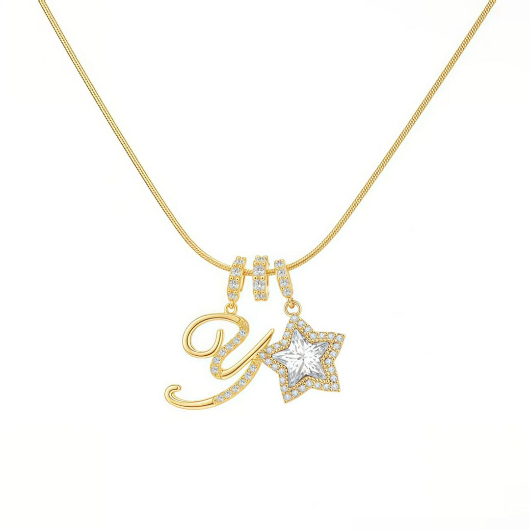 Script Initial Pave Star Dual Charm Snake Chain Necklace, Gold & Silver Custom Letter Choker