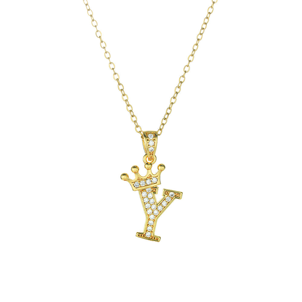 Crown Paved Diamond Initial Letter Necklace, 14K Gold Plated Personalized Dainty Chain, A-Z Available