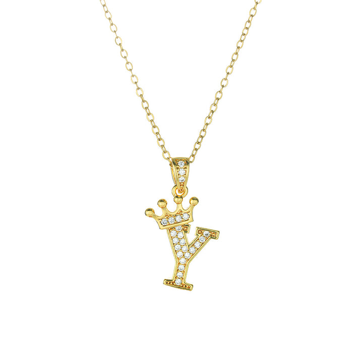 Crown Paved Diamond Initial Letter Necklace, 14K Gold Plated Personalized Dainty Chain, A-Z Available