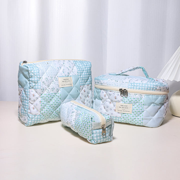Floral Quilted 3-Piece Makeup Bag Set, Large Capacity Handheld Cosmetic Bag Portable Storage Pouch & Pencil Case Kit