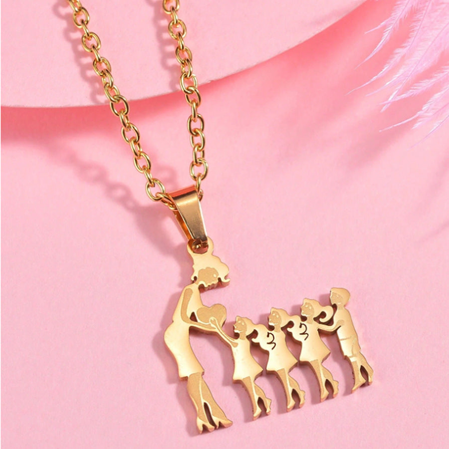 Mother & Kids Silhouette Pendant Necklace, 316L Titanium Steel Silver Plated Family Keepsake Necklace, Multiple Figures, Gold & Silver Family Jewelry