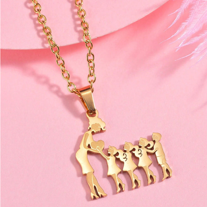 Mother & Kids Silhouette Pendant Necklace, 316L Titanium Steel Silver Plated Family Keepsake Necklace, Multiple Figures, Gold & Silver Family Jewelry