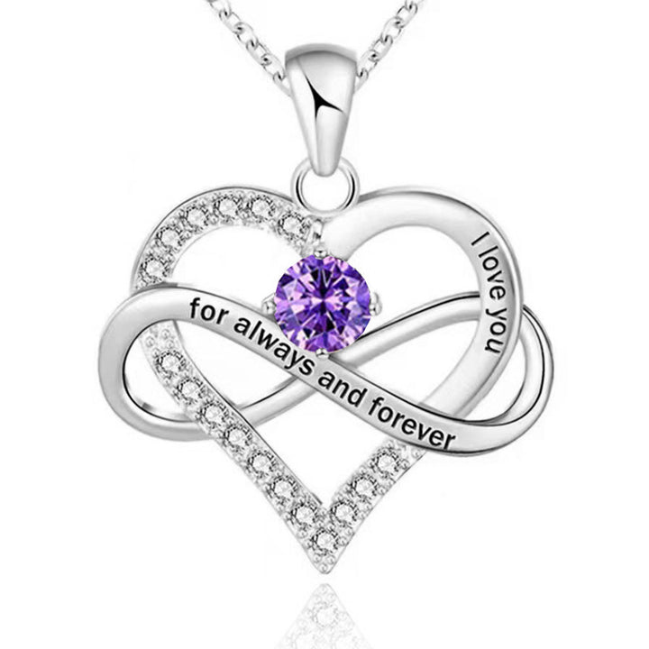 Infinity Intertwined Heart Engraved Birthstone Necklace, Eternal Love Heart Pendant Clavicle Chain with Birthstone
