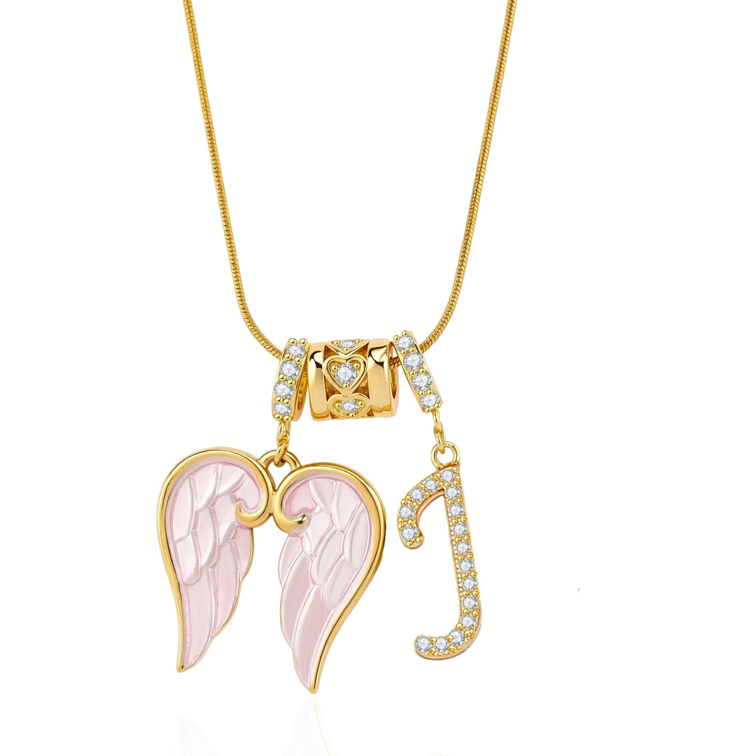 Pink Enamel Angel Wing Initial Necklace, Custom 26 Letters Gold Plated Diamond Pendant