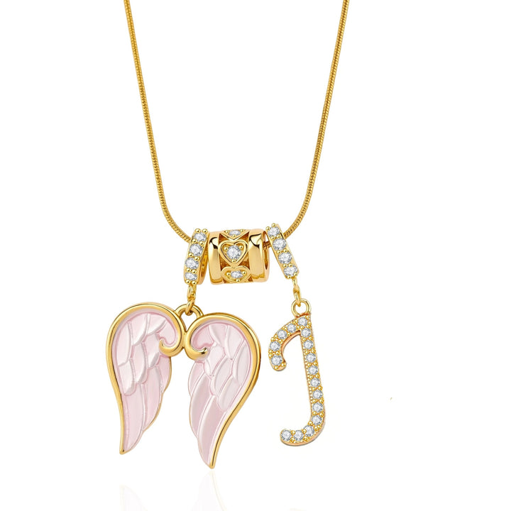 Pink Enamel Angel Wing Initial Necklace, Custom 26 Letters Gold Plated Diamond Pendant