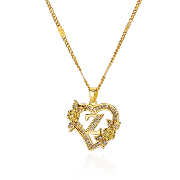 Vintage Flower Heart Pave Crystal Letter Necklace, 316L Stainless Steel 14K Gold Plated Luxury A-Z Initial Pendant Clavicle Chain Niche Jewelry