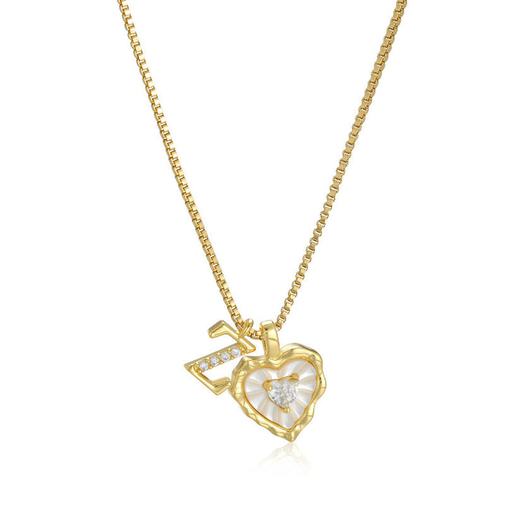 White Shell Heart Initial Necklace, Wavy Edge Mother of Pearl Pendant with Heart Diamond, Custom 26 Letters Gold Box Chain