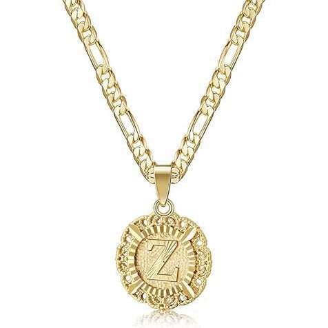 Vintage Lace Round 26 Letter Figaro Necklace, 14K Gold Plated Personal Initial Pendant Clavicle Chain