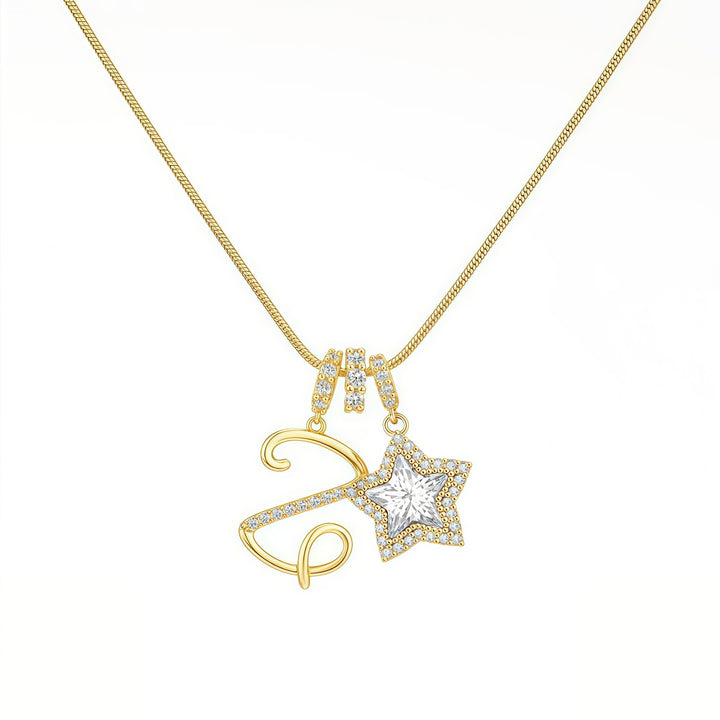 Script Initial Pave Star Dual Charm Snake Chain Necklace, Gold & Silver Custom Letter Choker