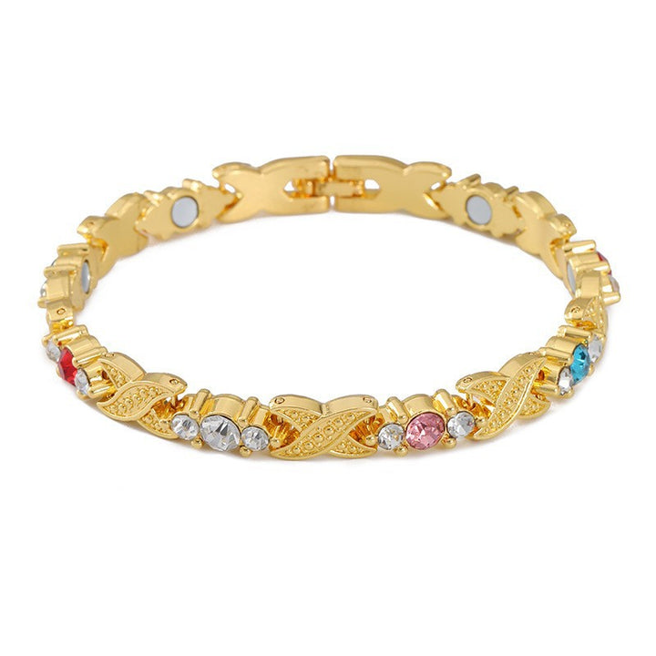 Twist Leaf Magnetic Diamond Gold Bracelet, Multi-Color Gem Women Health Magnet Bangle