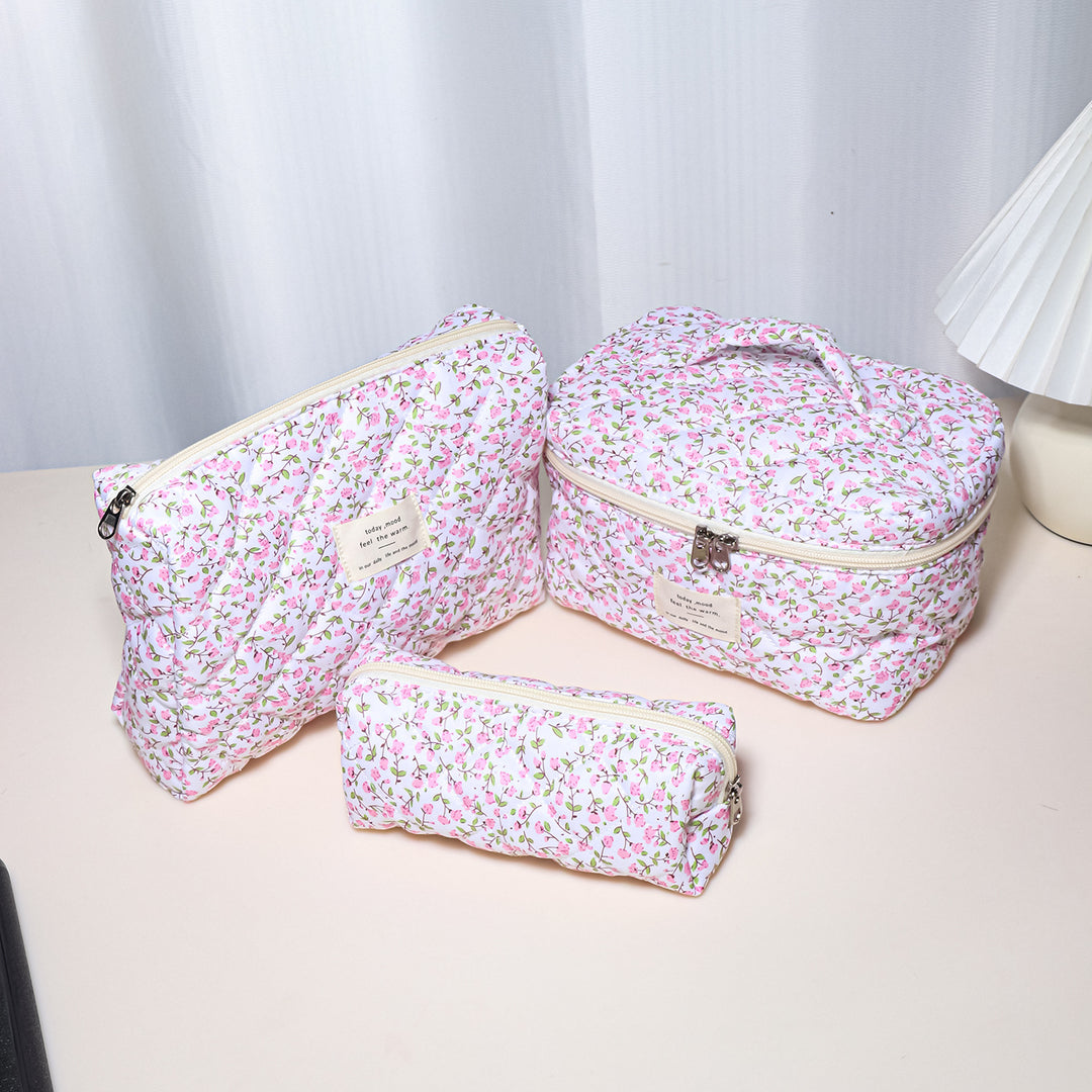 Floral Quilted 3-Piece Makeup Bag Set, Large Capacity Handheld Cosmetic Bag Portable Storage Pouch & Pencil Case Kit